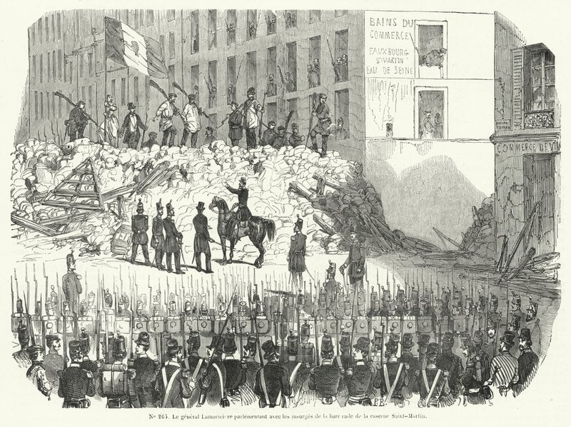 General Lamoriciere forhandler med bevæbnede arbejdere, der forsvarer deres barrikade uden for Saint Martin-kasernen, Paris, 23. juni 1848 (gravering) af French School