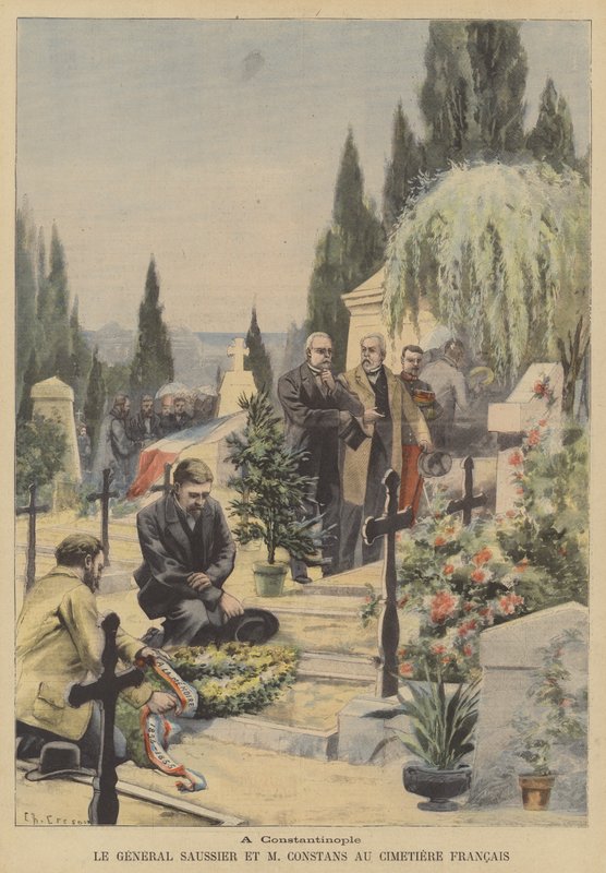General Saussier og fransk ambassadør Ernest Constans på den franske kirkegård i Konstantinopel (farve litho) af French School