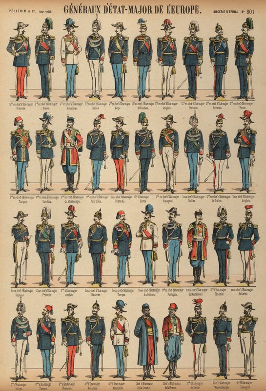 Generalstabsofficerer og uniformer fra hære fra hele verden (farvegravering) af French School