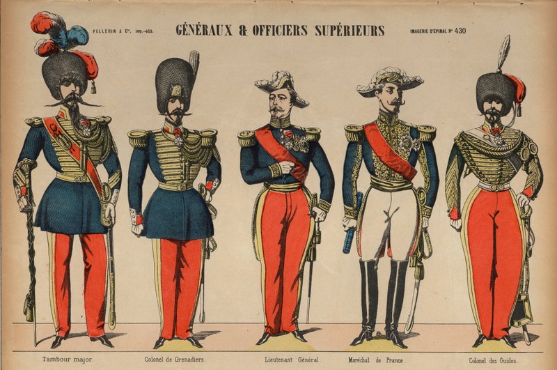 Generaler og højtstående officerer i den franske hær (farvet indgravering) af French School