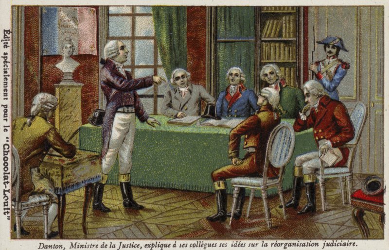 Georges Danton, justitsminister, forklarer sine ideer om retlig reorganisering til sine kolleger, 1792 af French School