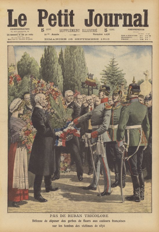 Tyske soldater nægter at tillade, at kranse med franske trefarvede bånd placeres på gravene af soldater, der blev dræbt i den fransk-preussiske krig (farve litho) af French School