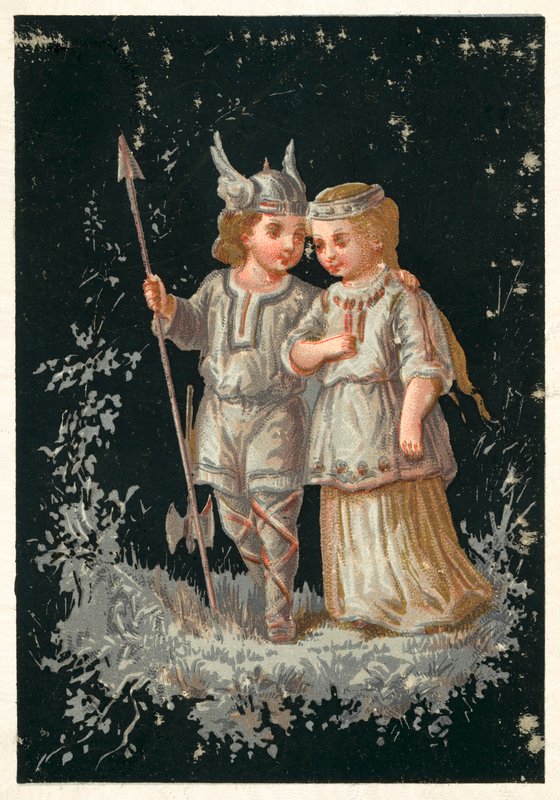 Pige og dreng i nordisk eller germansk dragt (chromolitho) af French School