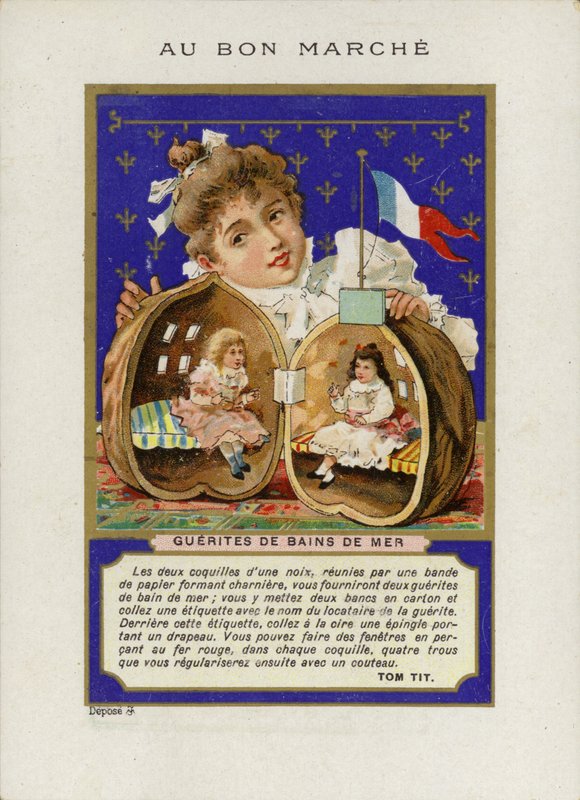 Pige leger med dukker, der sidder inde i en valnøddeskal, Guerites de bains de mer af French School