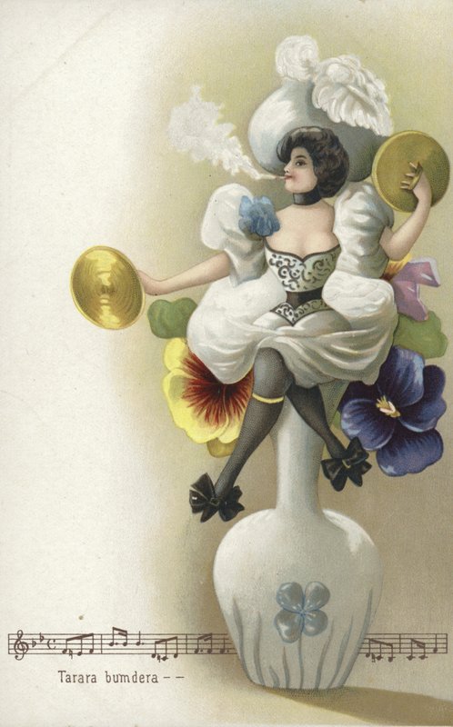 Pige sidder på en vase og ryger og spiller bækkener (chromolitho) af French School