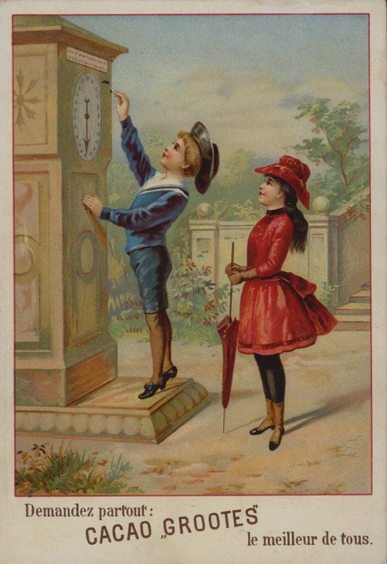 Pige ser en dreng justere et ur (chromolitho) af French School