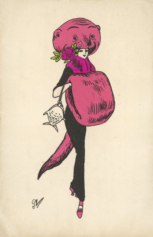 Pige med mærkeligt dyrepelstøj (farve litho) af French School
