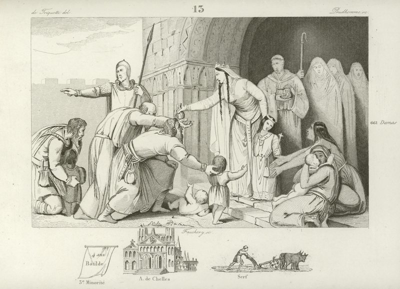 Giving alms to the poor, reign of Chlothar III, King of Neustria and Burgundy, 7th Century  af French School