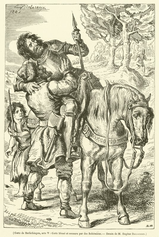 Goetz de Berlichingen, akt V, Goetz såret og reddet af bohemer (gravering) af French School