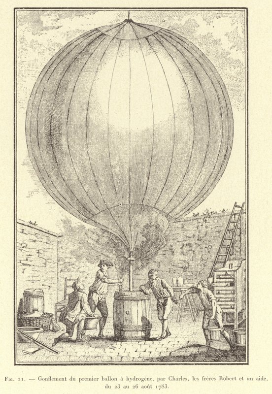 Oppustning af den første brintballon, af Charles, Robert-brødrene og en assistent, fra 23. til 26. august 1783 (gravering) af French School