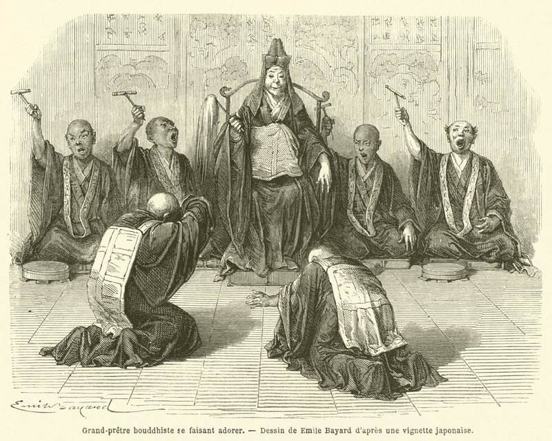 Buddhistisk ypperstepræst bliver tilbedt (gravering) af French School