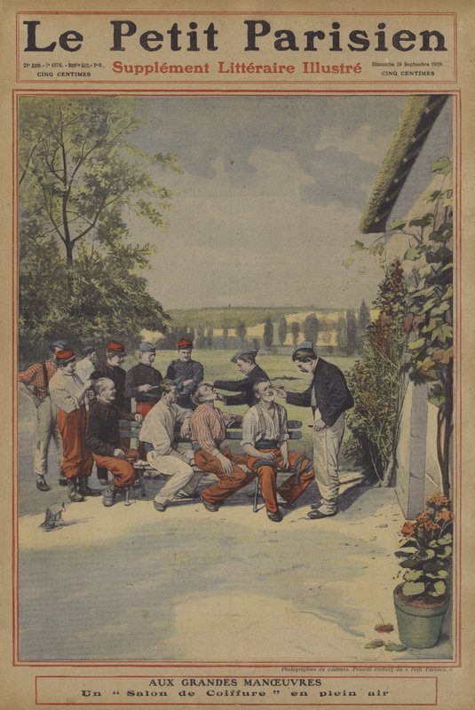 Den franske hærs store manøvrer: en frisørsalon (farve litho) af French School