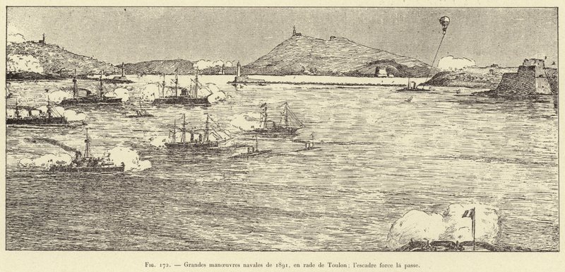 Store flådemanøvrer i 1891 i havnen i Toulon; eskadronen tvinger passet (gravering) af French School