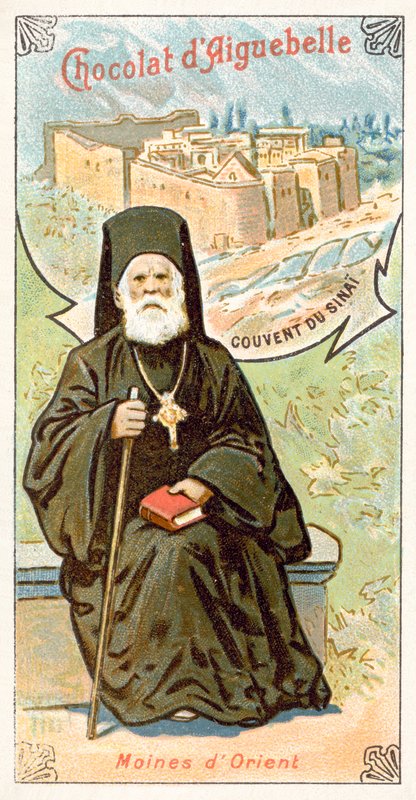 Græsk-ortodoks munk og St. Catherines kloster på Sinai-bjerget (chromolitho) af French School