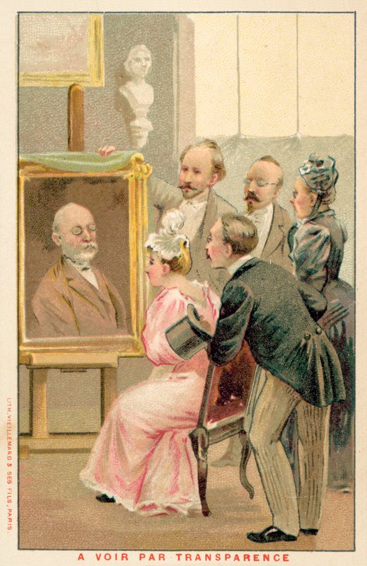 Gruppe mennesker studerer et maleri (chromolitho) af French School
