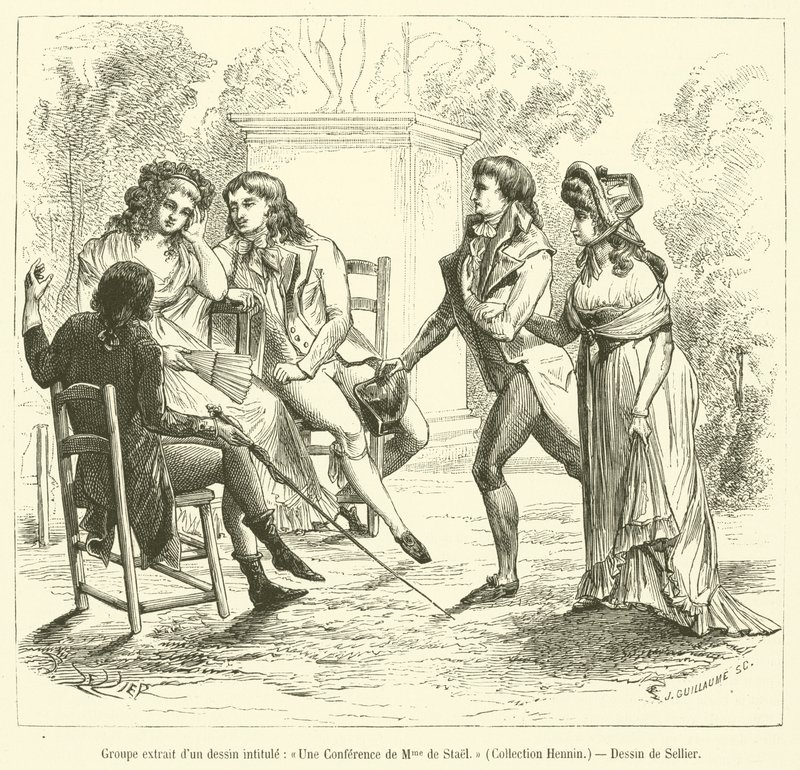 Gruppe taget fra en tegning med titlen, Une Lecture de Madame de Stael, Collection Hennin (gravering) af French School