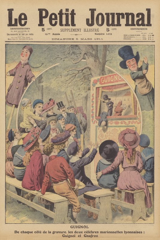 Guignol og Gnafron, berømte franske dukker fra en forestilling i Lyon (farvelitografi) af French School