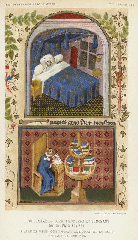 Guillaume De Lorris Sover og tænker, Jean De Meun fortsætter The Roman De La Rose (farve litho) af French School