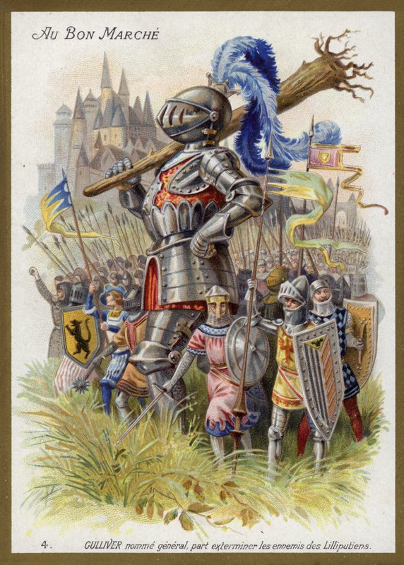 Gulliver, udnævnt til general, sætter sig for at udrydde fjender af lilliputianerne (chromolitho) af French School