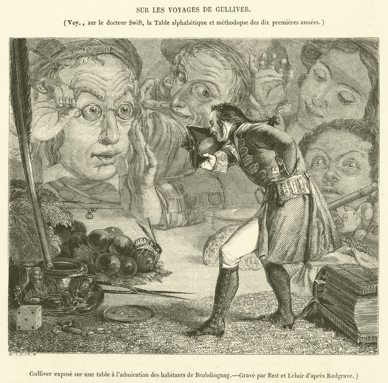 Gulliver udsat på et bord til beundring af indbyggerne i Brobdingnag (gravering) af French School