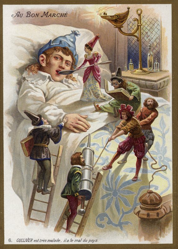 Gulliver er meget syg. Han lider af hjemve (chromolitho) af French School