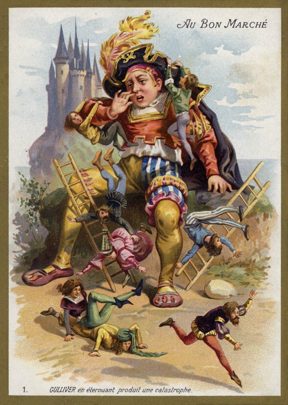 Gulliver nyser og forårsager en katastrofe (chromolitho) af French School