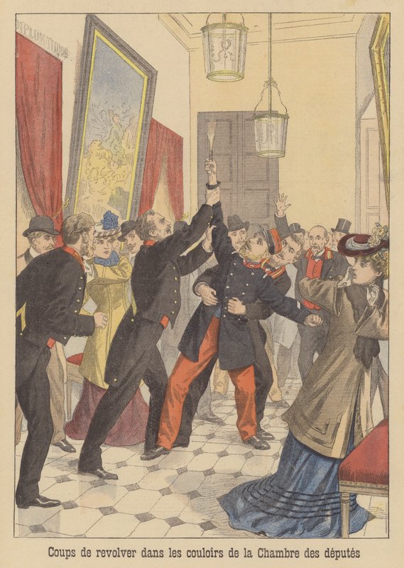 Skud i korridorerne i det franske deputeretkammer (farvelitografi) af French School