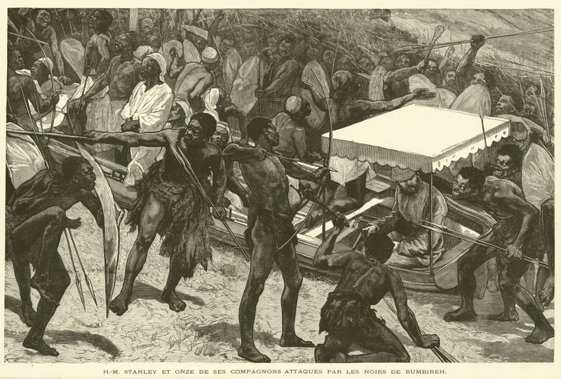 H-M Stanley og elleve af hans ledsagere angrebet af de sorte fra Bumbireh (gravering) af French School