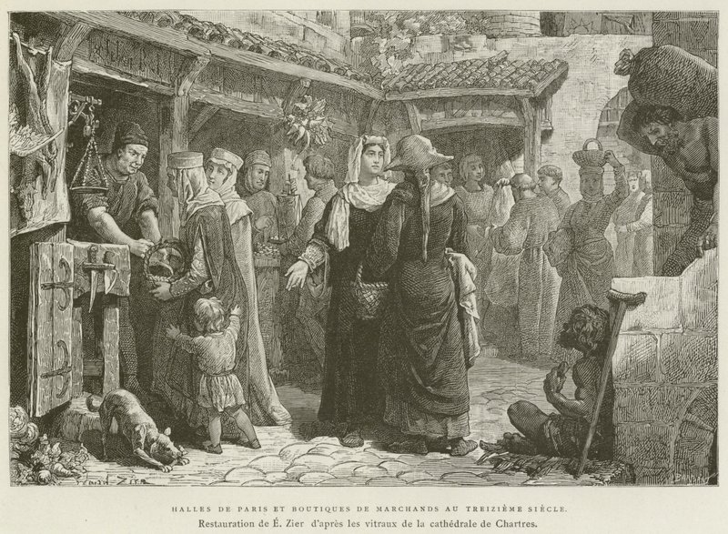 Halles De Paris og købmandsforretninger i det trettende århundrede (gravering) af French School