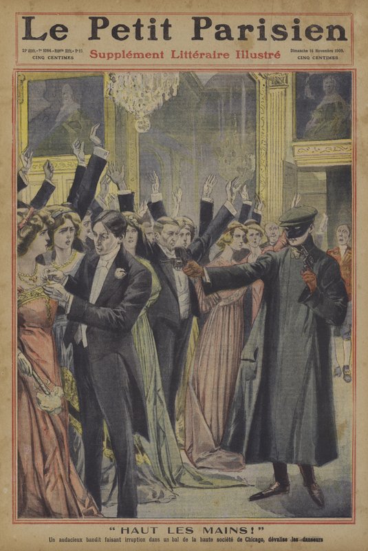 Hænderne op! En dristig røver, der befrier gæster ved et selskabsbal i Chicago for deres smykker (farve litho) af French School