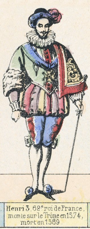 Henri 3, 62. konge af Frankrig, besteg tronen i 1574, døde i 1589 (farvegravering) af French School