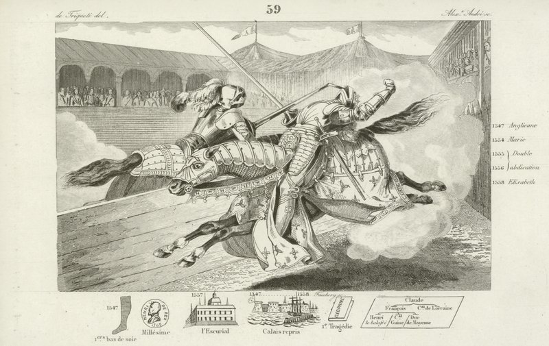 Henry II of France mortally wounded in a joust with Gabriel Montgomery, Captain of the Kings Scottish guard, 1559  af French School