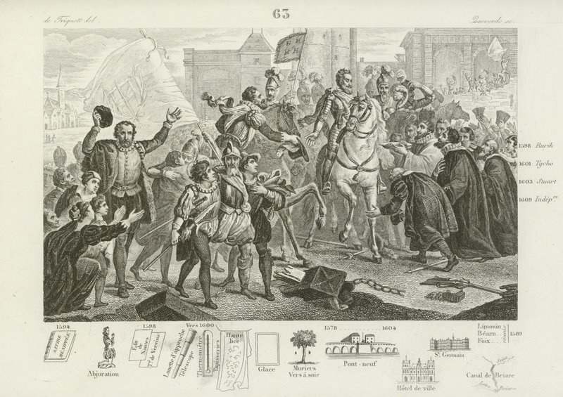 Henry IV of France entering Paris accompanied by the Comte de Brissac, Governor of the city, 22 March 1594  af French School