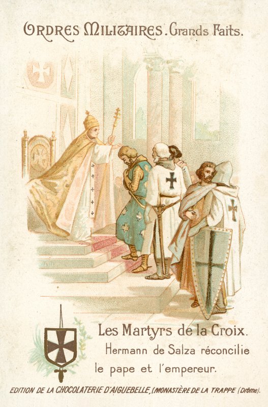 Hermann von Salza, stormester for de teutoniske riddere, skaber en forsoning mellem pave Gregor IX og kejser Frederik II af French School