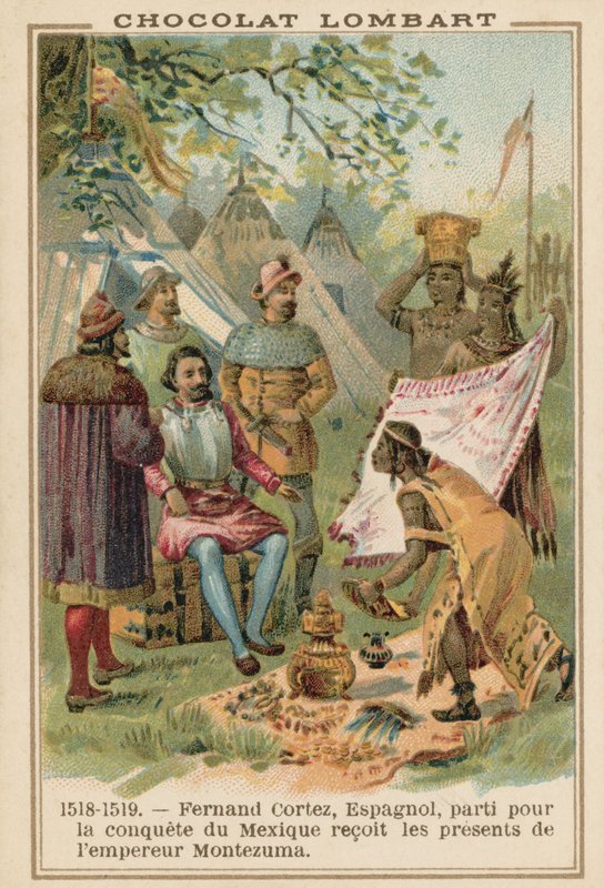 Hernan Cortes, spansk conquistador, modtager gaver fra den aztekiske kejser Montezuma, Mexico, 1518-1519 af French School