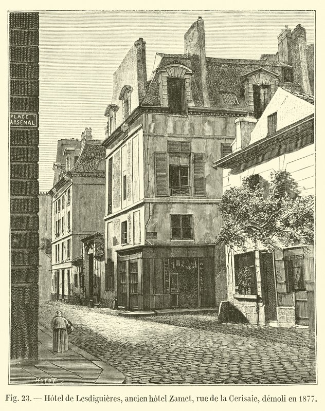 Hotel de Lesdiguieres, tidligere hotel Zamet, rue de la Cerisaie, revet ned i 1877 af French School