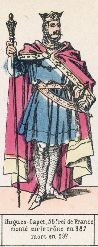 Hugues-Capet, 36. konge af Frankrig, besteg tronen i 987, døde i 997 (farvestik) af French School
