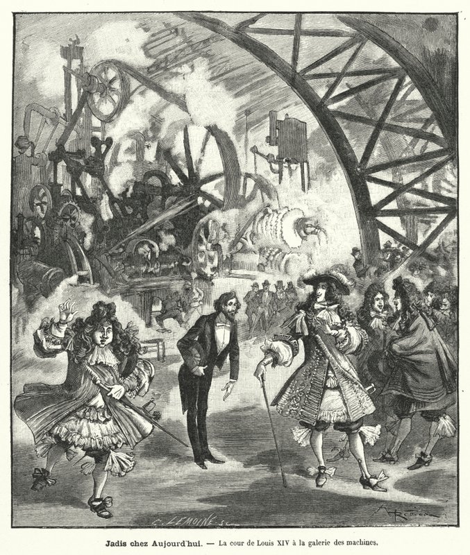 Tænkt besøg af kong Ludvig XIV og hans hof til Maskinernes Pavillon ved Exposition Universelle i Paris i 1889 (gravering) af French School