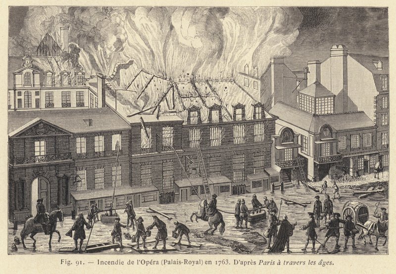 Brand ved Operaen, Palais-Royal, i 1763 (gravering) af French School