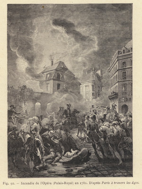 Brand i Operaen, Palais-Royal, i 1781 (gravering) af French School