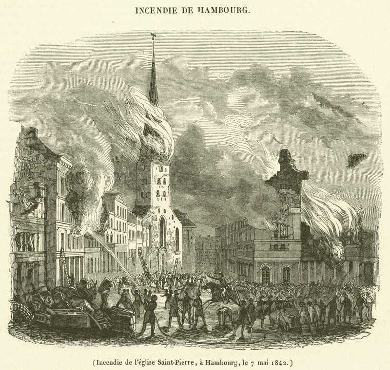 Brand i St. Peter-kirken, Hamborg, 7. maj 1842 (gravering) af French School