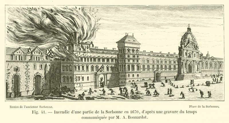 Brand i en del af Sorbonne i 1670, fra en gravering fra tiden meddelt af M A Bonnardot af French School