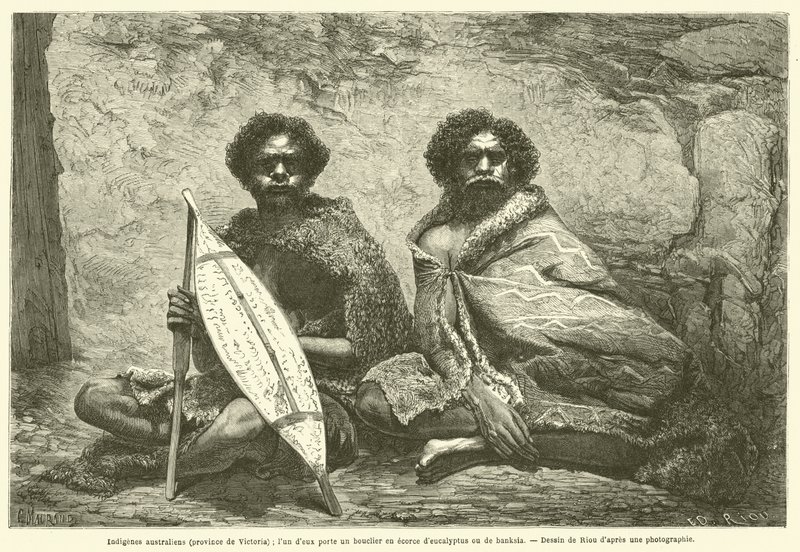 australske indfødte (provinsen Victoria); en af ​​dem bærer et skjold lavet af eukalyptus eller banksia bark (gravering) af French School