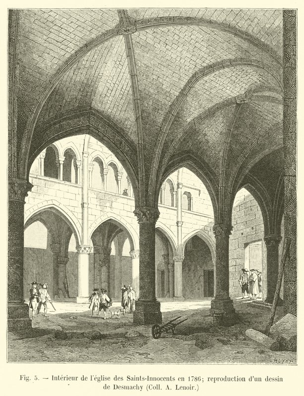 Interiør af de hellige-uskyldiges kirke i 1786; gengivelse af en tegning af Desmachy, Coll A Lenoir af French School