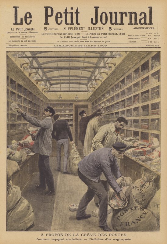 Interiør af en postvogn på et fransk tog (farve litho) af French School