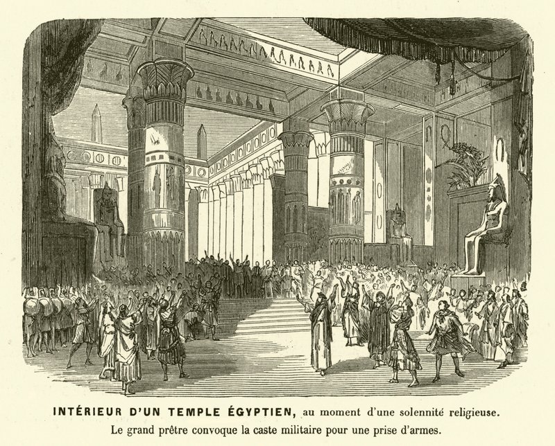 Interiør af et gammelt egyptisk tempel under en gudstjeneste (gravering) af French School