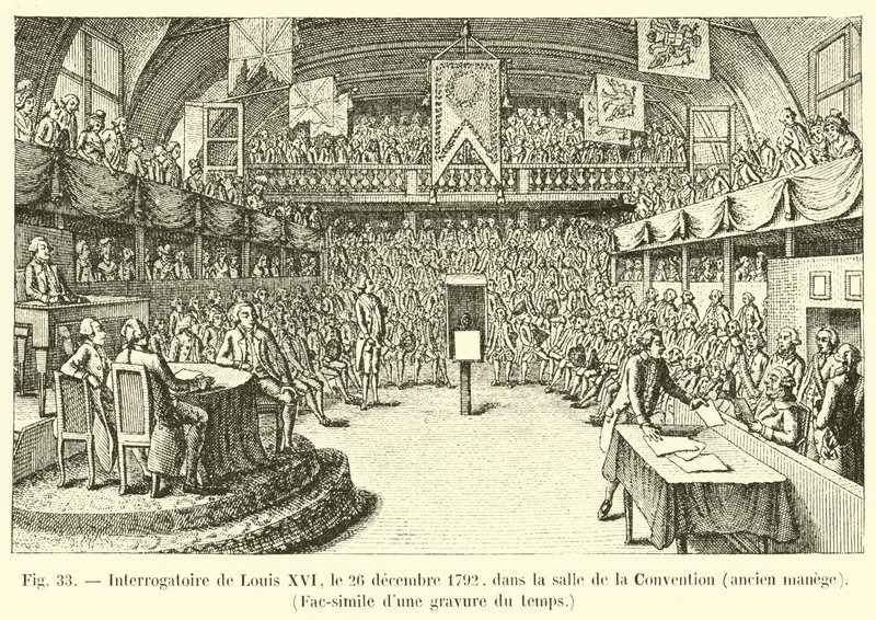 Forhør af Ludvig XVI, 26. december 1792, i Salle de la Convention, tidligere rideskole, Faksimile af en gravering fra tiden af French School
