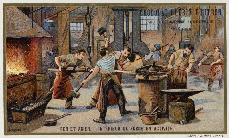 Jern og stål. Interiør af en travl smedje (chromolitho) af French School
