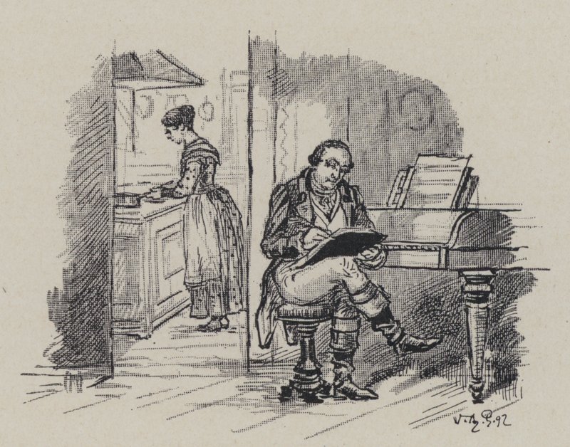 Den italienske komponist Gioachino Rossini komponerer hjemme (gravering) af French School