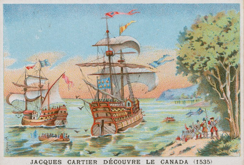 Jacques Cartier opdager Canada, 1535 af French School